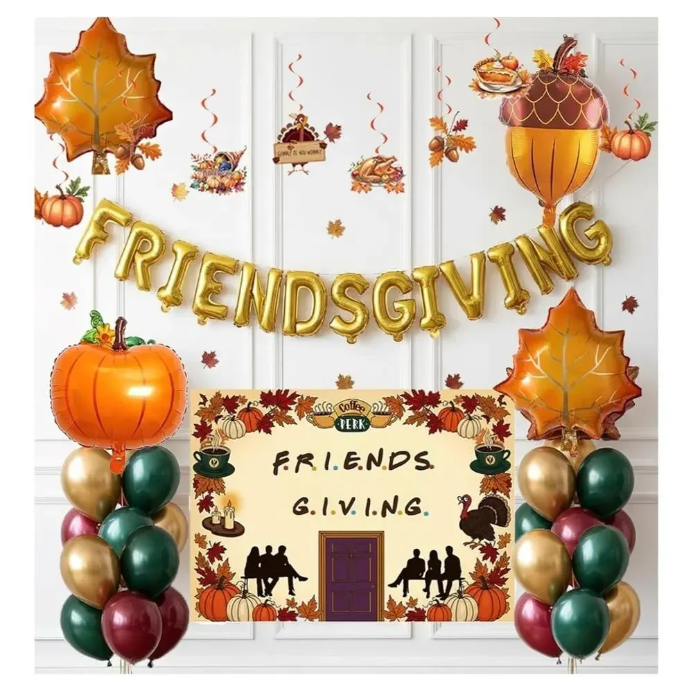 Friendsgiving Party Decor Kit Gold Burgundy Green balloons swirls banner NIP